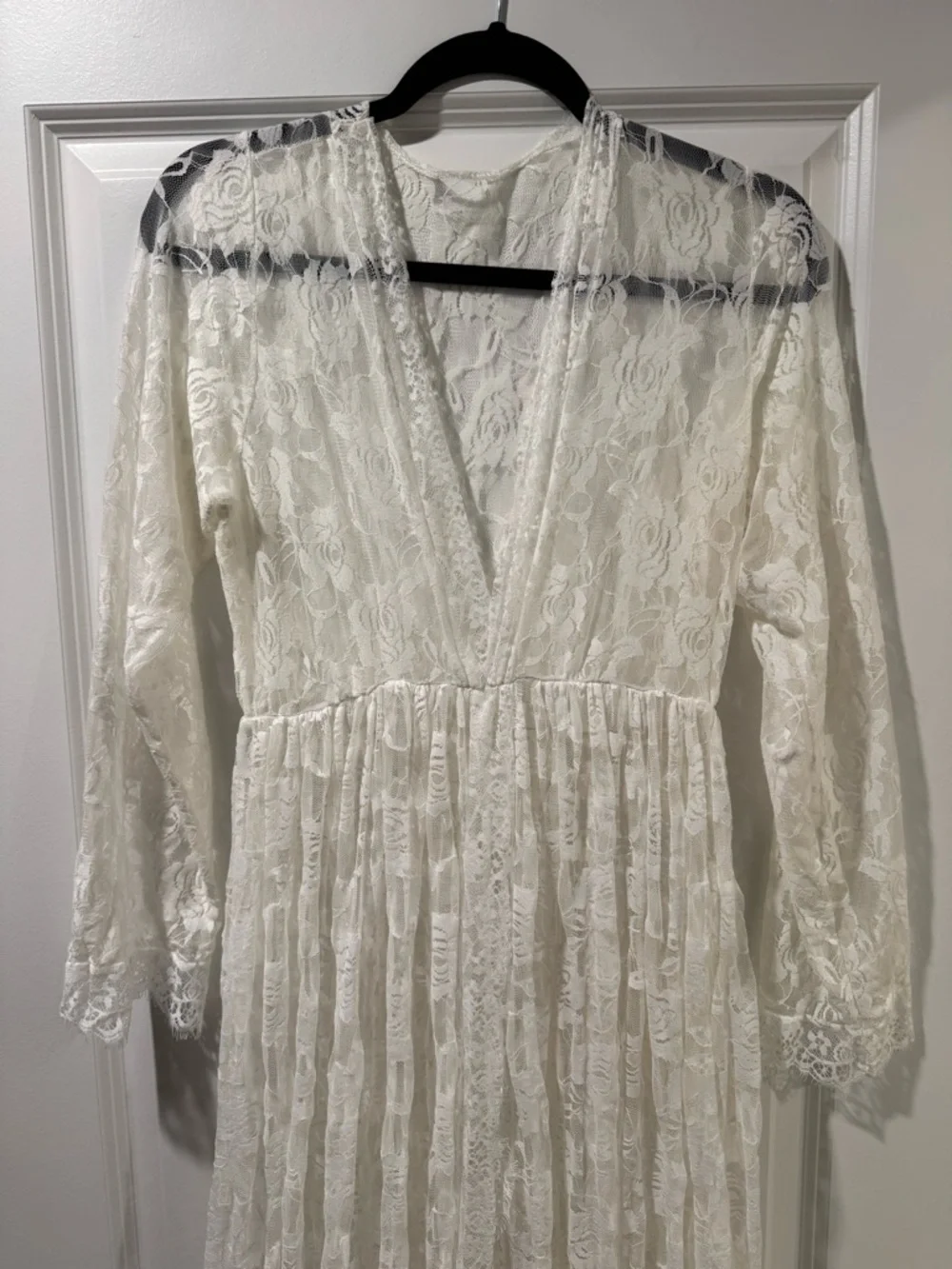 Sheer Maternity Boudoir Deep V-Neck Split Maxi White Lace Dress - Picture 5 of 5